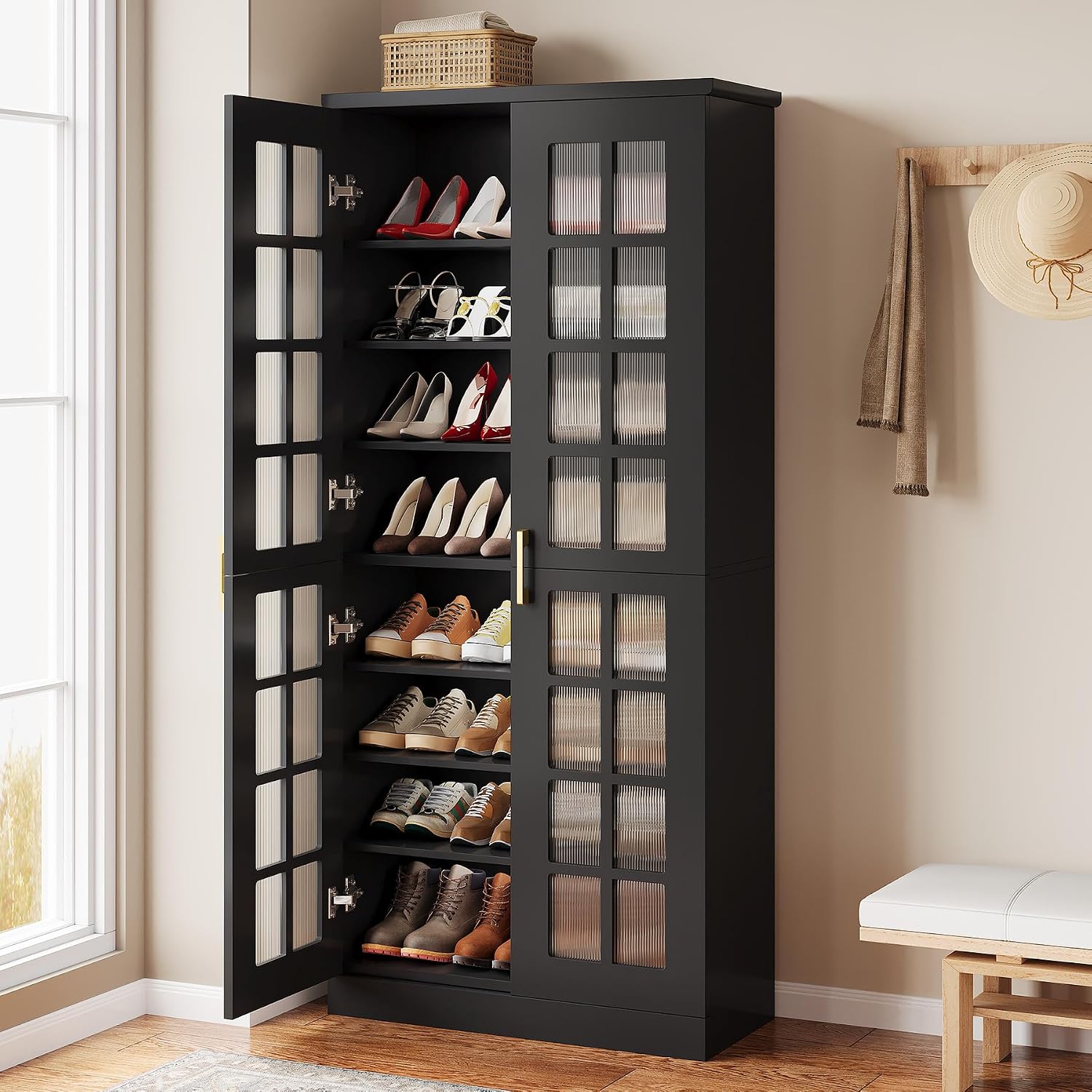 Tribesigns Tall Shoe Cabinet with Doors, 8-Tier Modern Shoe Storage Cabinet | Shoe Rack Cabinet with Adjustable Shelves, Stable and Sturdy, Tall Shoe Organizer for Entryway, Hallway, Closet, Black - Image 3