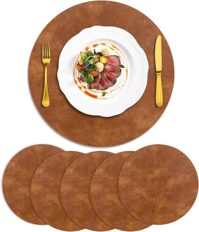 ADRIMER Placemats, Heat Resistant Round Placemats Set of 6 Washable, Waterproof Table Mats, Wipeable Faux Leather Place Mats for Kitchen, Dining Room, Turmeric Brown