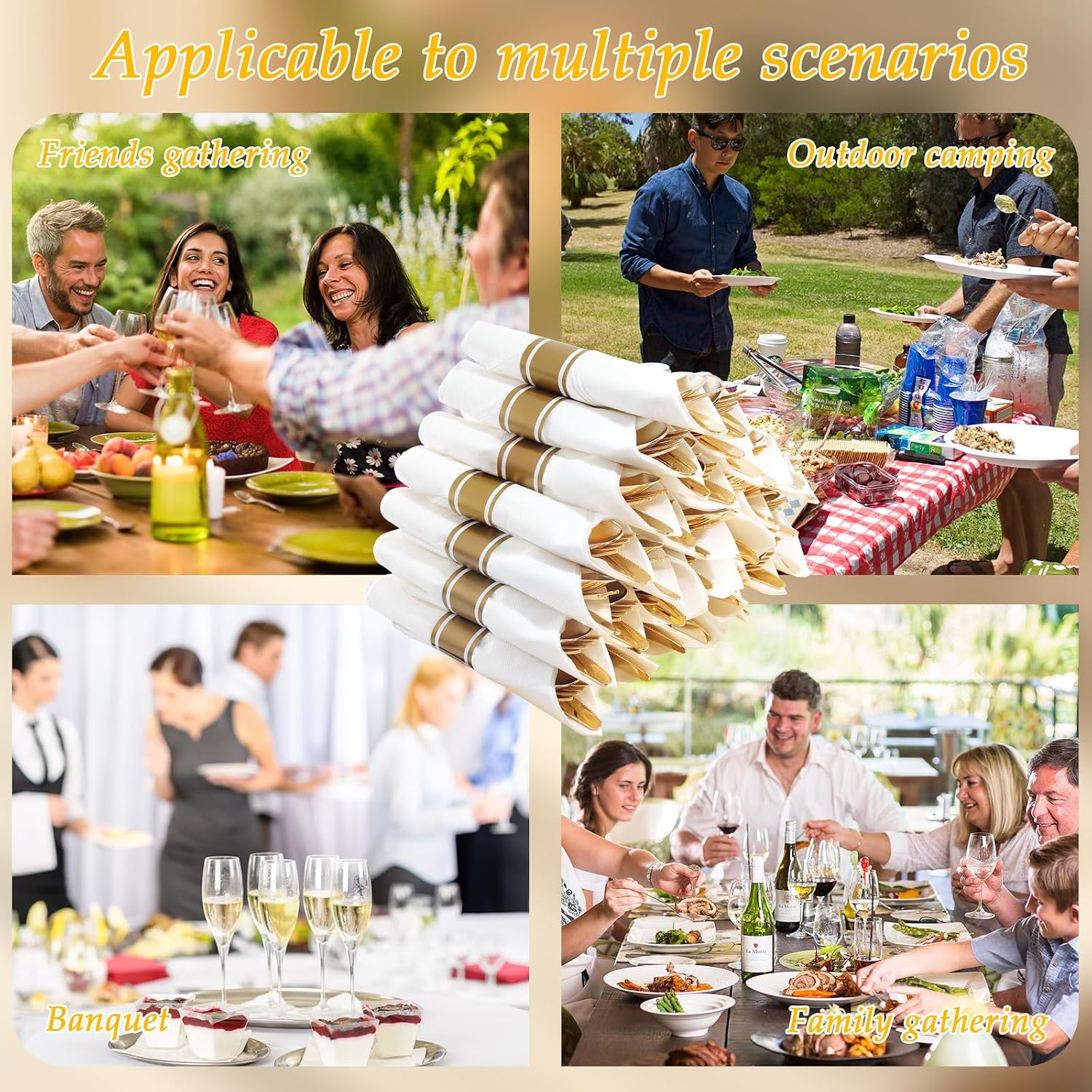 120 Pack Gold Plastic Silverware Wrapped Cutlery Set with Napkin | Heavy Duty Pre Rolled Disposable Gold Utensils Wrapped Flatware Cutlery Set for Wedding, Party & Catering - Image 6