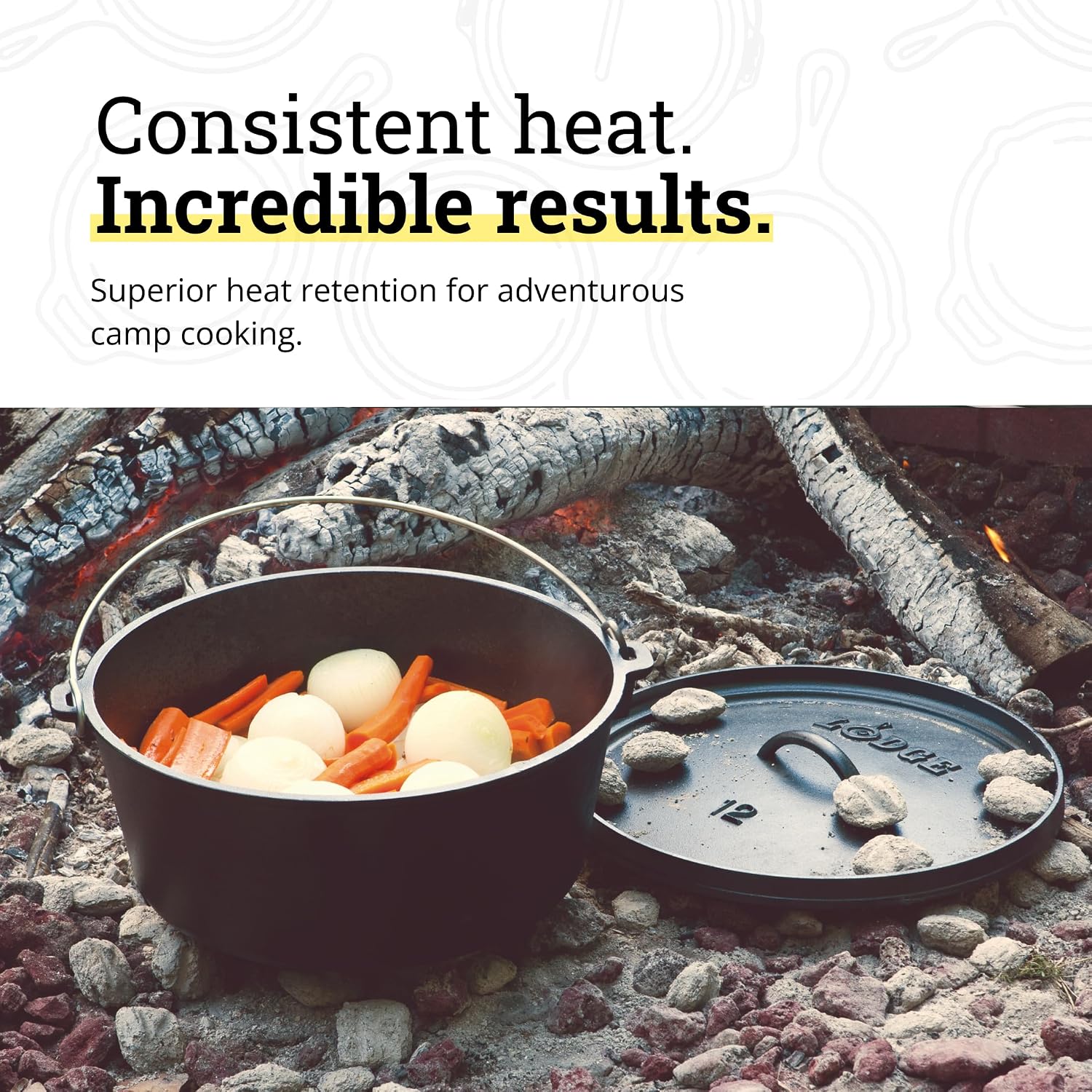 Lodge Seasoned Cast Iron Camp Dutch Oven with Lid - 8 Quart - Dual Handles - Seasoned Cast Iron Cookware with Steel Handle & Strong Lid for Heavy- Duty Camping Cookware - Image 3