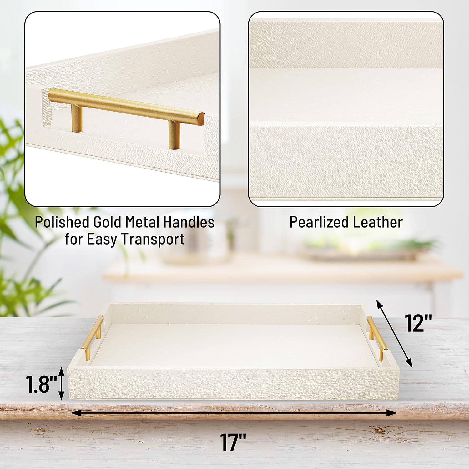 ATZYmolin 17"x12" Leather Serving Tray, Gold Handle Vanity Platter, White | Rectangle Ottoman Decor Tray, Polished Metal Handles, Coffee Table Bathroom Home Decorative Wood Tray - Image 2