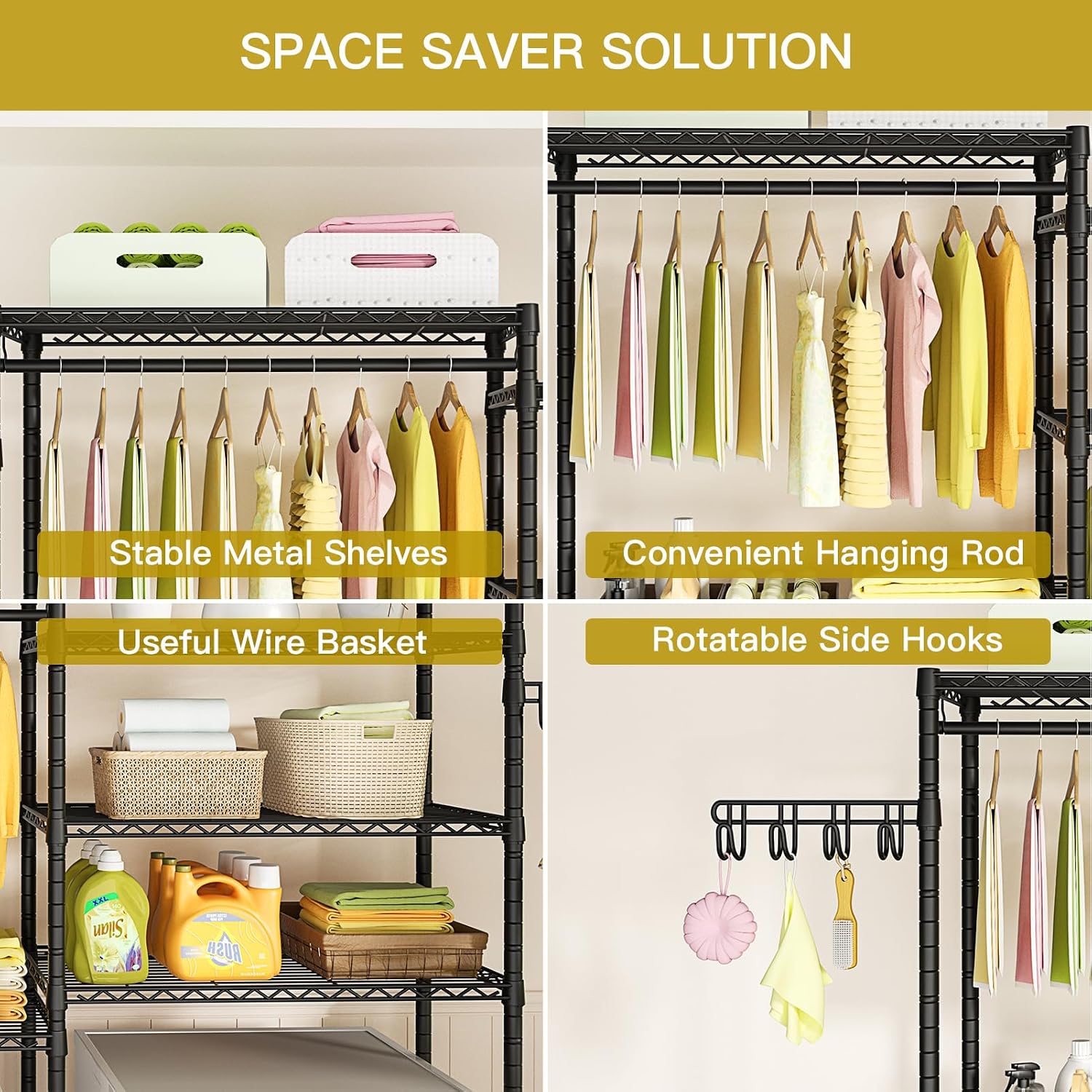 U5 Over the Washer and Dryer Storage Shelf, Laundry Room Space Saver Bathroom Storage and Organizer Rack for Hanging Towels and Drying Clothes with 5 Wire Shelves, 58.2"W x 13.4"D x 77.5"H, Black | Bathroom Storage and Organizer Rack for Hanging Towel and Drying Clothes with 5 Wire Shelves, 58.2"W x 13.4"D x 77.5"H, Black - Image 7