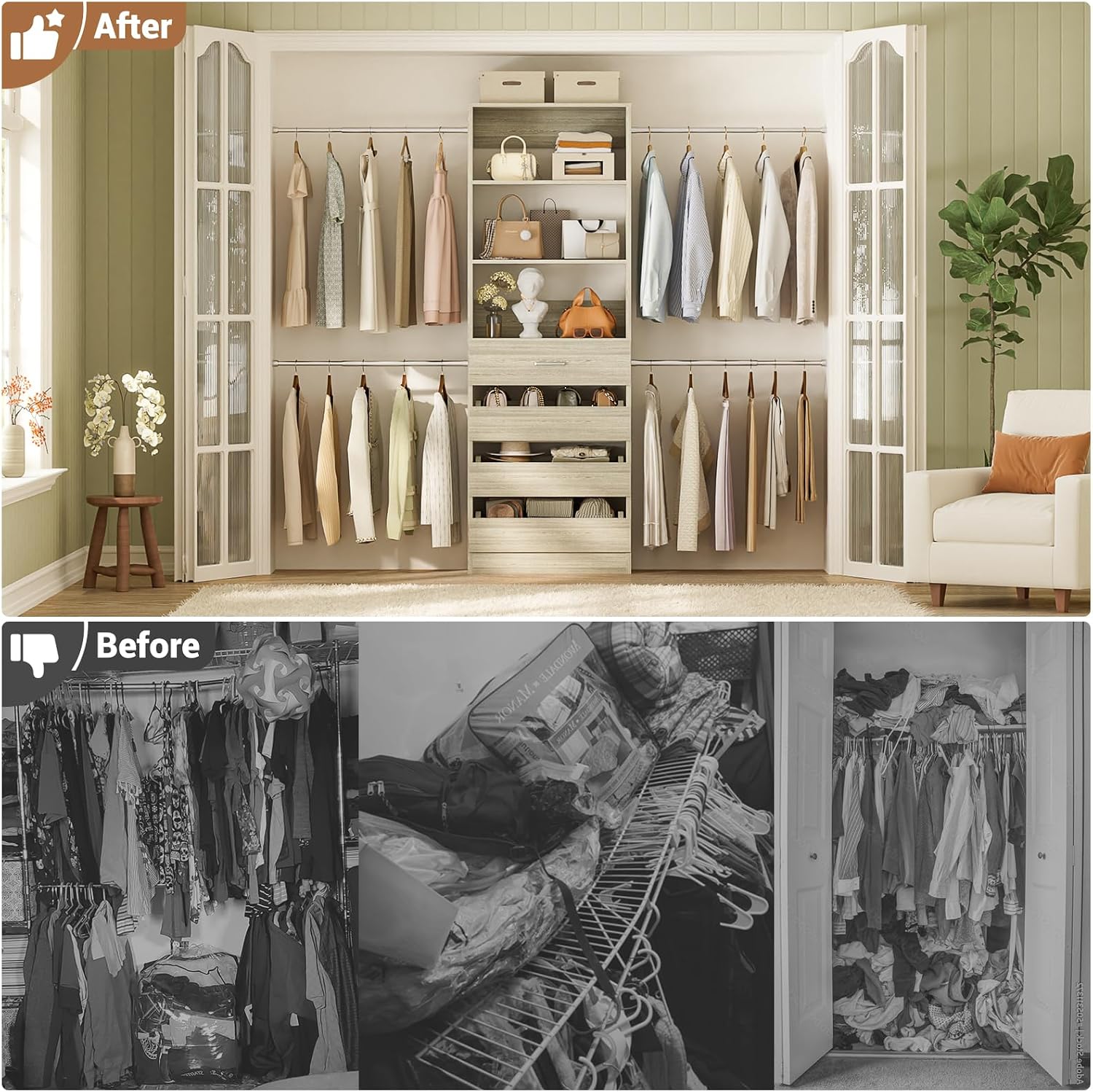 Aheaplus Closet System, 4-9Ft Closet Organizer with 4 Wooden Drawers, Wood Closet Organizer System with Tower, Walk-in Closet Organizer Wardrobe Garment Clothes Rack with 4 Hanging Rods, 2White Oak - Image 6