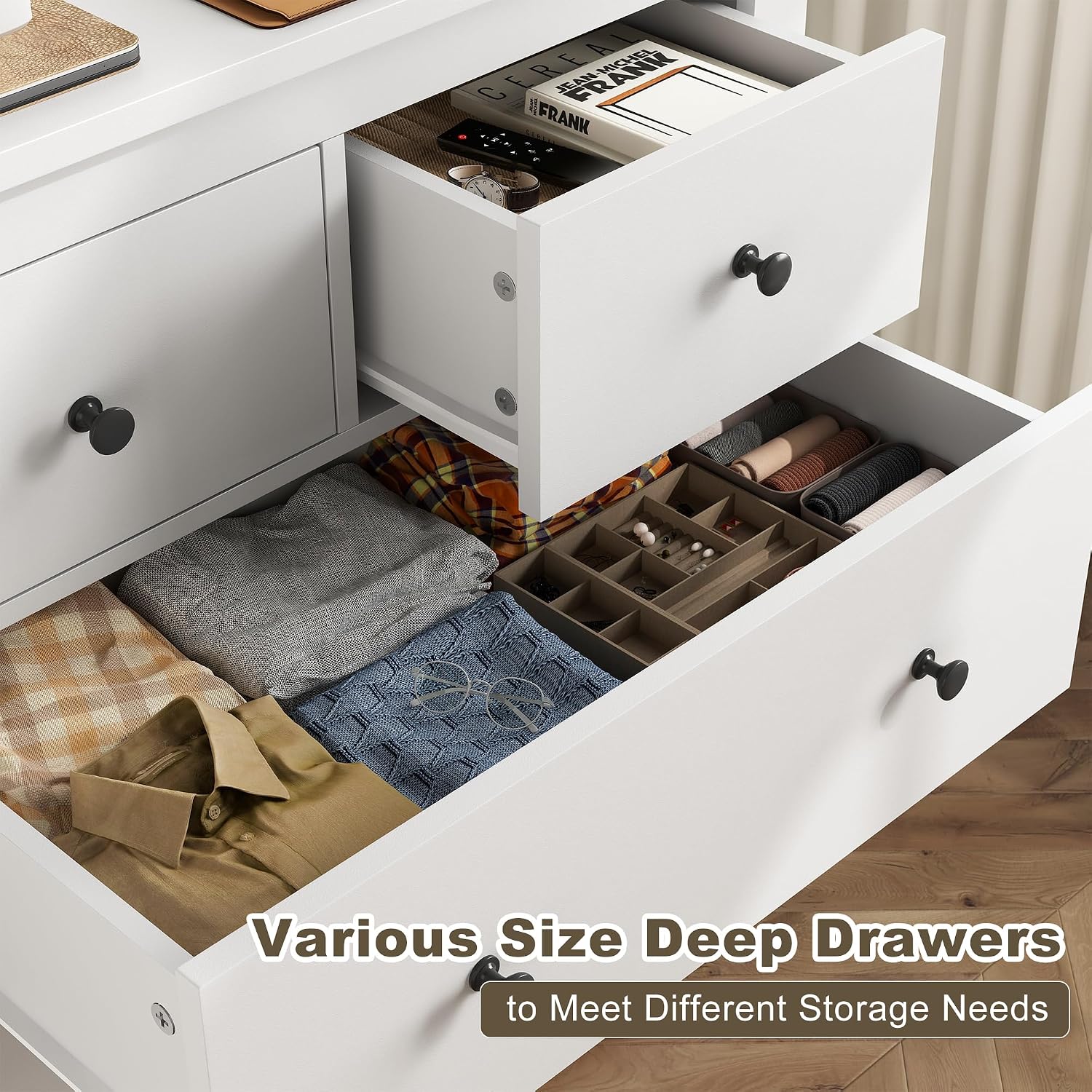 EnHomee White Dresser for Bedroom with 10 Drawer, Multi-Layer Organization | Modern Wood Chest, 52"W TV Stand Versatile for Living Room Entryway Closet, Metal Frame and Handles, Smooth Glides, Anti-Tip - Image 7