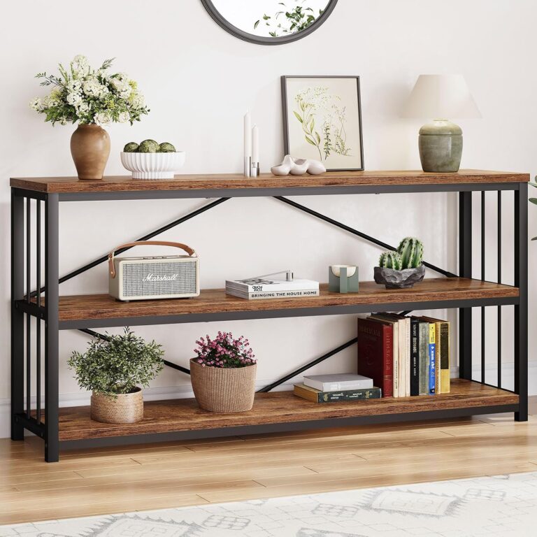 LVB Farmhouse Industrial Console Table for Home, Rustic Brown, 70 Inch | Wood Metal Foyer Entryway Sofa Tables with Storage, 3 Tier Long Rustic Entry Table TV Stand with Shelves for Living Room