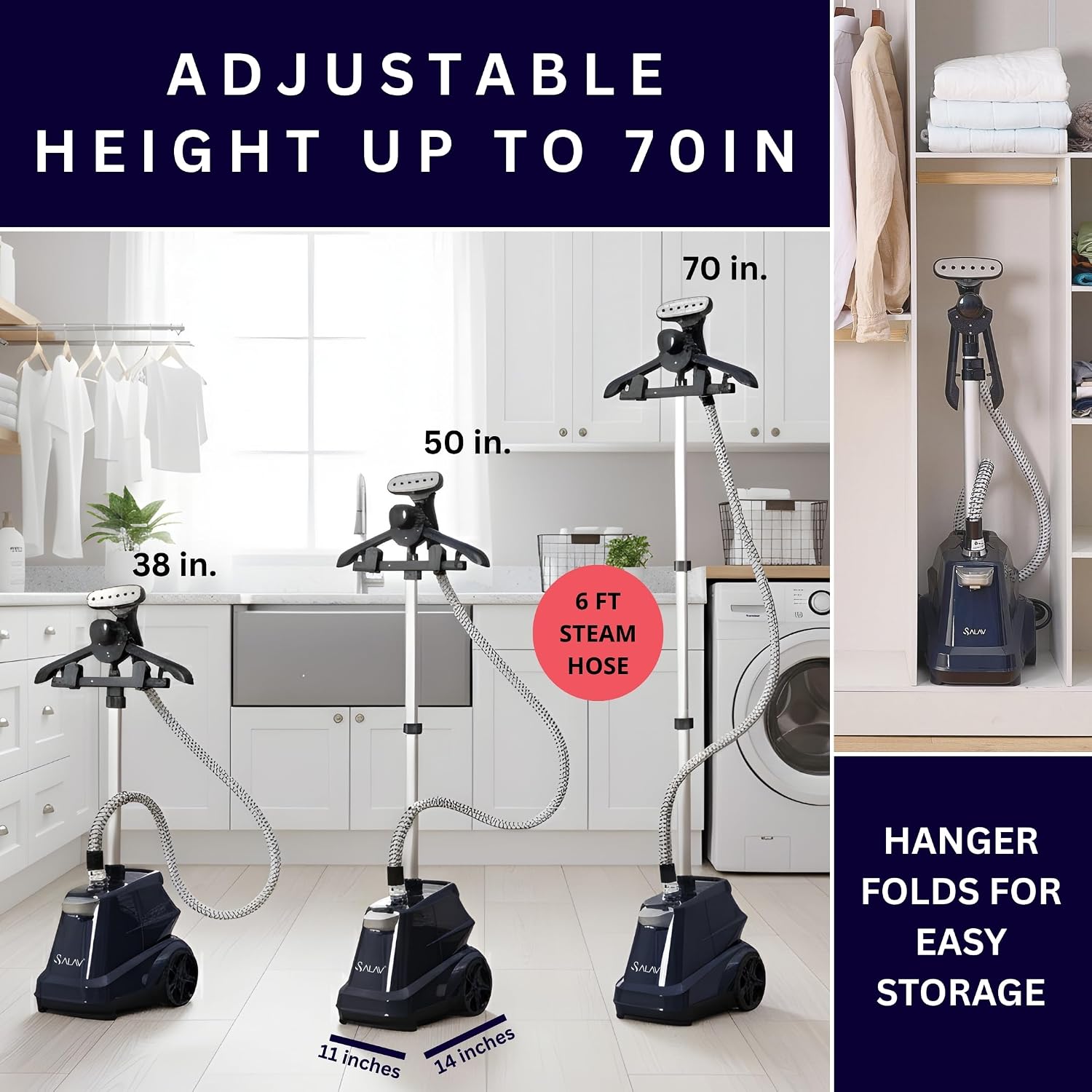 SALAV Heavy Duty Commercial Full-Size Garment Steamer with Foot Pedals and Extra Large 3L (101.5 oz) Water Tank, 1800 watts of Poweful Steam (Navy) - Image 2