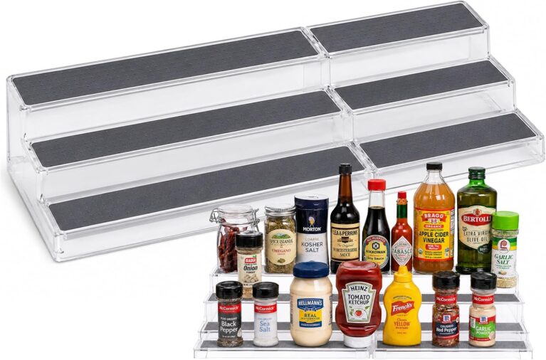 Oizeir 3-Tier Expandable Spice Rack Organizer for Cabinet, White/Grey | Expandable Plastic Spice Rack Organizer, Adjustable Length 3 Tiers, Non-Skid Shelf, Cabinet Pantry Countertop, White/Grey