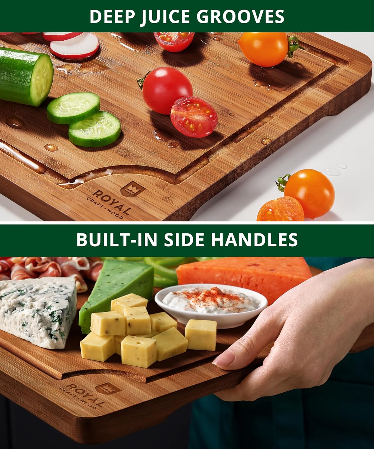 ROYAL CRAFT WOOD Wooden Cutting Boards for Kitchen Appliances - Non Toxic Bamboo Wood Cutting Board Set with Deep Juice Groove, Side Handles, Charcuterie & Butcher Block for Meat, Meal Prep & Serving - Image 5
