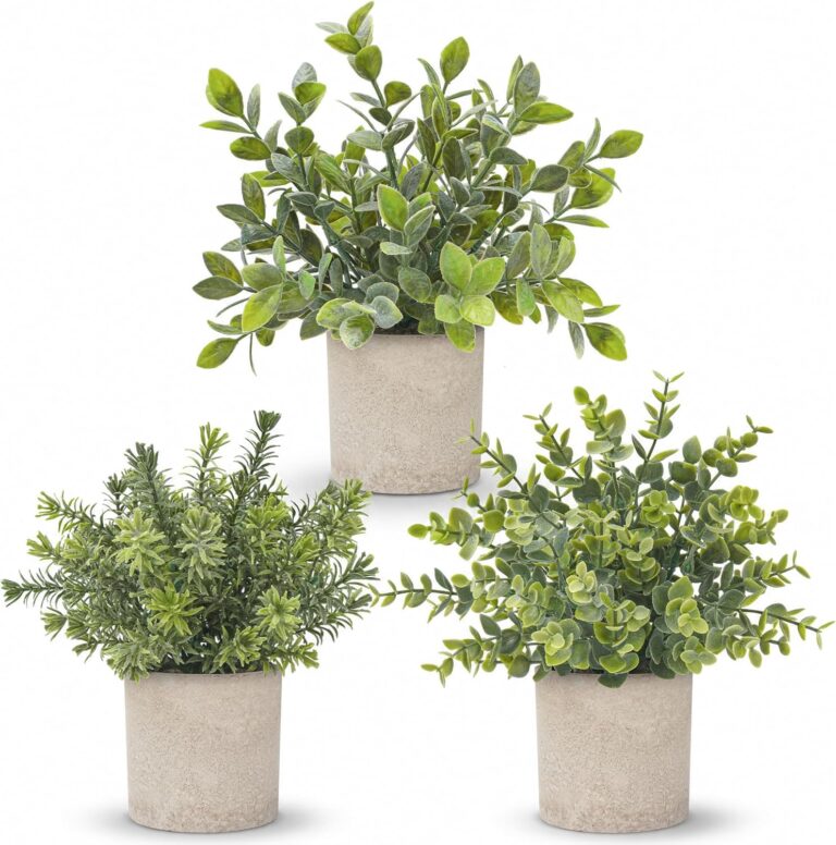 Der Rose 3 Pack Fake Plants Artificial Plants for Office Bathroom Decor | Sage green frosted eucalyptus, pet and child safe, maintenance-free, desk shelf kitchen bedroom coffee table farmhouse decor