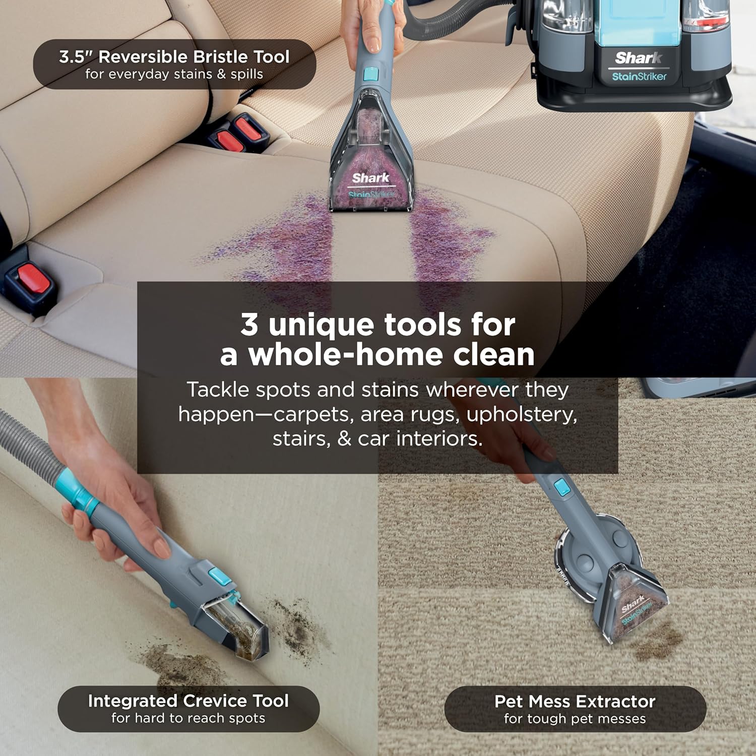 Shark StainStriker Portable Carpet/Upholstery Cleaner, 4 Tools, PX202 | For Carpet, Upholstery & Area Rugs, Stain & Odor Remover, Full Size Solutions, 3.5" Stain, 7" Stain, Crevice & Pet Mess Tools - Image 6