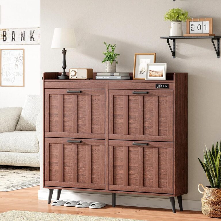 ChooChoo Shoe Storage Cabinet with 4 Flip Drawers and Deodorizer | Shoe Organizer Storage for Entryway, Freestanding Hidden Slim Narrow Shoe Rack Cabinet, Walnut