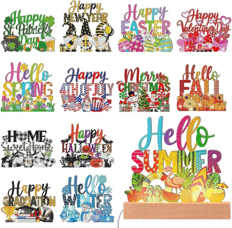 Chunful 13 Pcs Interchangeable Holiday Diamond Art Kits for Beginner | Seasonal Diamond Art Tabletop Painting Kit with Wooden Light Base for Adult DIY Tiered Tray Table Office Desk Decor