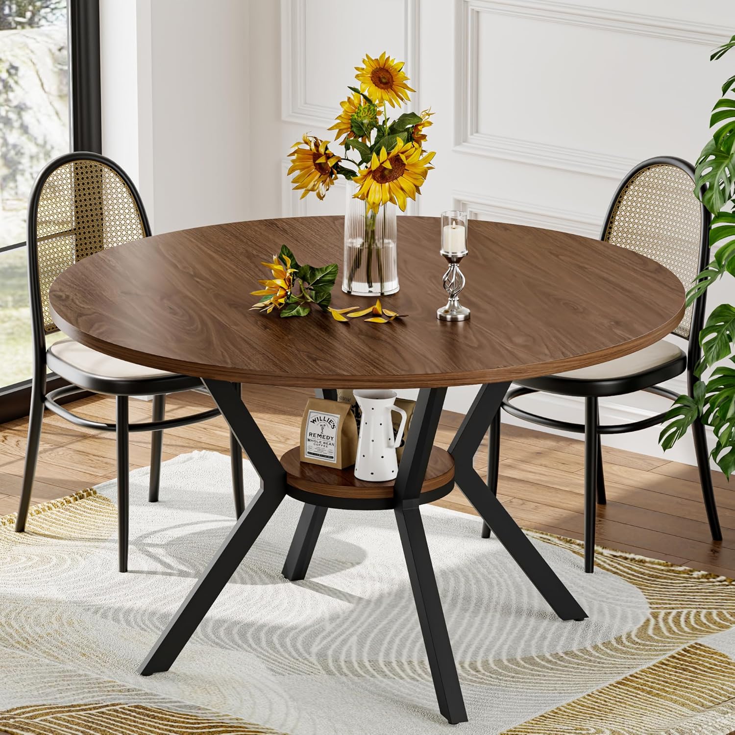 42" Round Dining Table for 4, Farmhouse Kitchen Table with Storage, Space Saving Circle Dinner Table, Rustic Wood Kitchen & Dining Room Tables with Metal Legs for Home, Apartment, Office, Restaurant