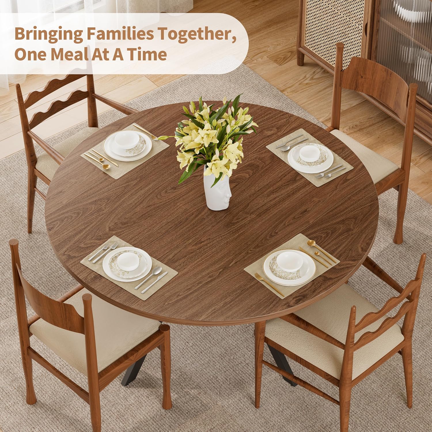 42" Round Dining Table for 4, Farmhouse Kitchen Table with Storage, Space Saving Circle Dinner Table, Rustic Wood Kitchen & Dining Room Tables with Metal Legs for Home, Apartment, Office, Restaurant - Image 5