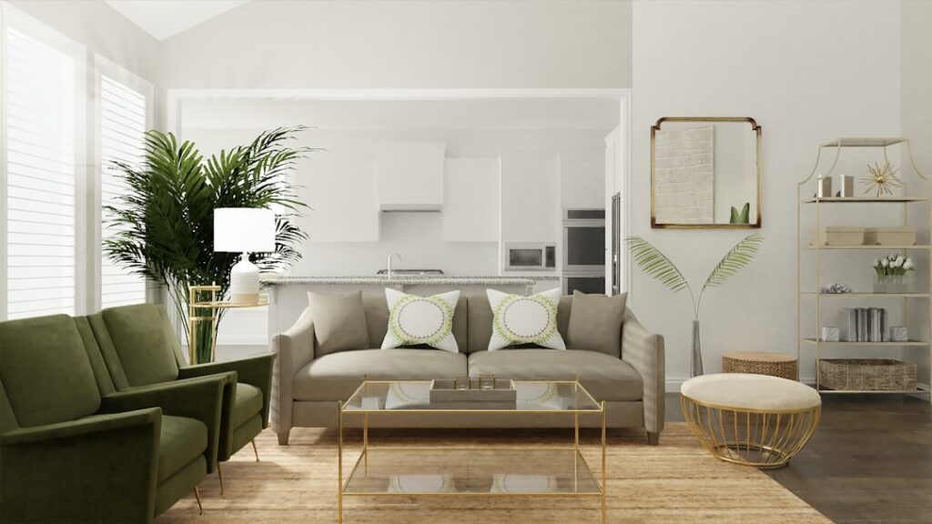 A serene and tidy living space with minimalistic decor, showcasing comfortable furniture and organized shelves.