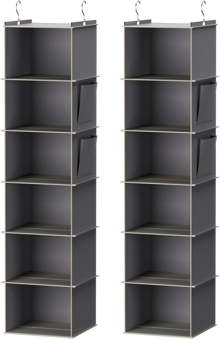 YOUDENOVA Hanging Closet Organizer, 6-Shelf Closet Hanging Storage Shelves, 2 Packs, Grey | Breathable Fabric, 2 Side Pockets, Clothes Organizer, Hanging Shelves, Closet Storage, College Dorm Room Essentials for Guys