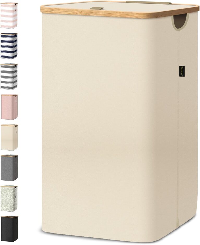 BALEINE Laundry Hamper with Lid, Tall Laundry Baskets with Bamboo Pull Handles, Large Laundry Bin with Internal Support (26 Gal/100L, Beige)