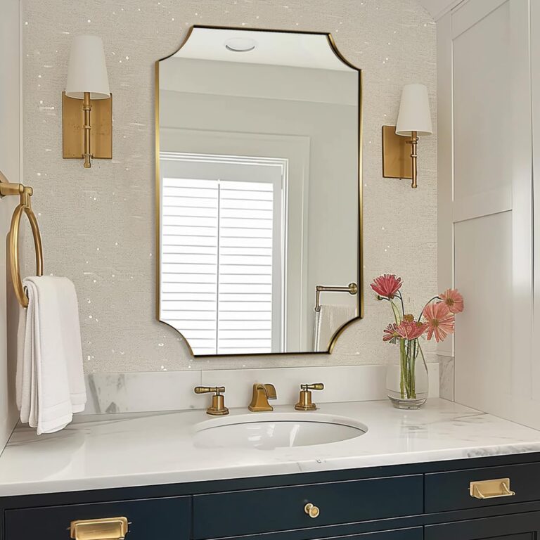 Brushed Gold Rectangle Mirror, 24x36 Inch Scalloped Bathroom Mirror, Unique Rectangular Mirror with Scalloped Design, Anti-Rust Stainless Steel Frame Deep 1"