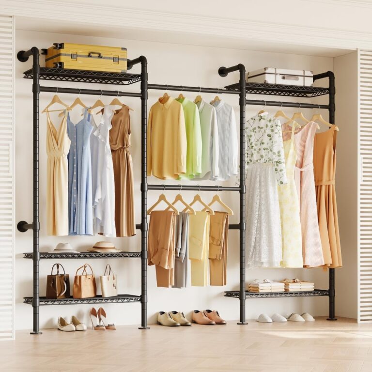 Higeego W3 Wall Mounted Clothes Rack, Industrial Pipe Clothing Rack, Black | Closet Rack Wall Mounted, Expandable Hanger Rods, Adjustable Closet Shelving, Heavy Duty Clothes Rack, Closet Organizer