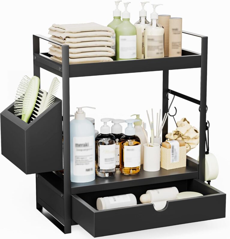 2-Tier Bathroom Counter Organizer, Wooden Vanity Shelf with Drawer & Basket | Pre-Drilled Holes, Skincare & Makeup Countertop Organizer and storage, Black