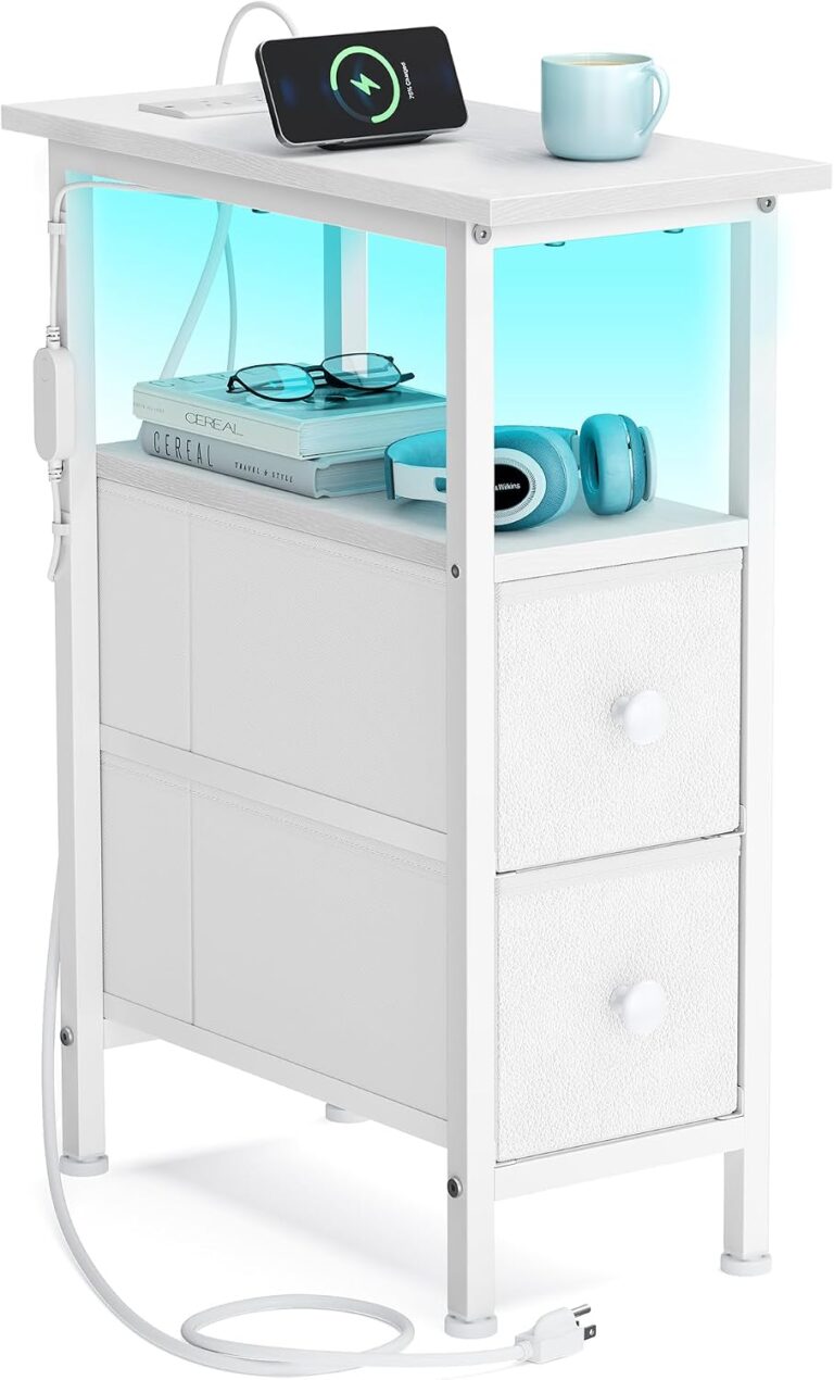 SONGMICS Side Table with LED Light, Narrow End Table with 2 Drawers, Nightstand with Charging Station, Bedside Tables for Small Space, Living Room, Bedroom, Cloud White, BELLAH Collection ULGS002W101