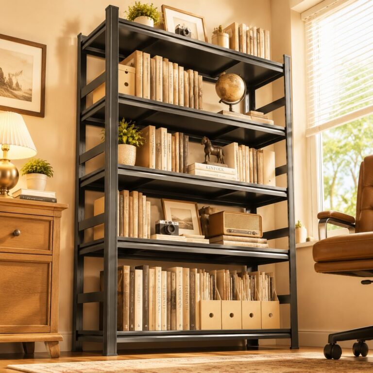 Bolt-Free Metal Bookshelf, Adjustable Tall Bookcase with Anti-Drop Fence, Heavy Duty Deep Book Shelf, Large Office Bookshelf, Modern Storage Shelves for Bedroom, LivingRoom, Garage