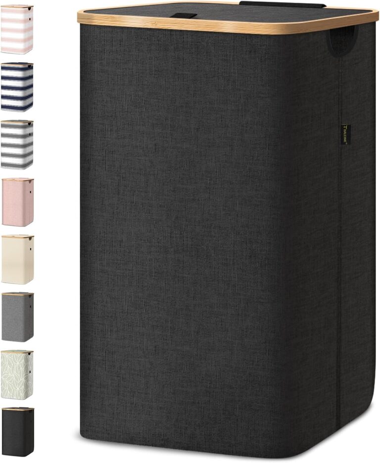 BALEINE Laundry Hamper with Lid, Tall Laundry Baskets with Bamboo Pull Handles, Large Laundry Bin with Internal Support (26Gal/100L, Carbon Black)