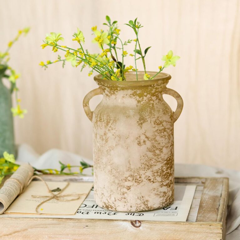 Glass Flower Vase with Handle- 8 Inches Rustic Imitation Ceramic Vase for Flowers, Vintage White Brown Centerpiece Decorations for Farmhouse, Modern Home, Table & Holiday Decorations