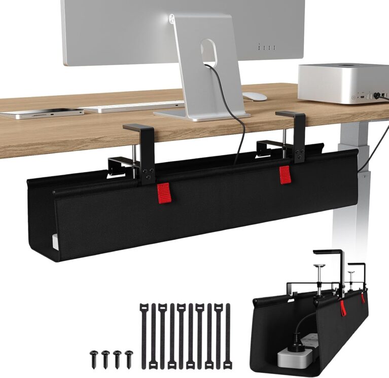 KEEGH No Drill Fabric Under Desk Cable Management Tray 28 in,Black | Clamp/Screw Mount, Supports Up to 70lbs, Fabric Wire Management Gaming/PC Cable Raceways, Cord Hiders for Office/Home