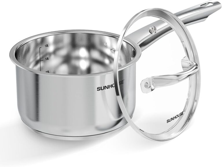 Sunhouse: Stainless Steel Saucepan - Classic: 2 Quart - Tempered Glass Lid, 3-Ply Bottom, Round-Edge Cookware Pot, All Cooktop-Oven-Dishwasher Safe | PFOA-Free Small Sauce Pot for Cooking with Impact Bonding Base for Induction