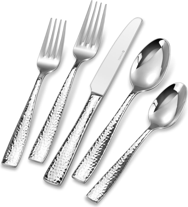 Premium Louis Hammered 20/45/65-Piece Silverware Set (45) | 18/10 Stainless Steel Fine Flatware Set; Squared-Edge Design; Service for 4/8/12; Brilliant Mirror Finish; Dishwasher Safe