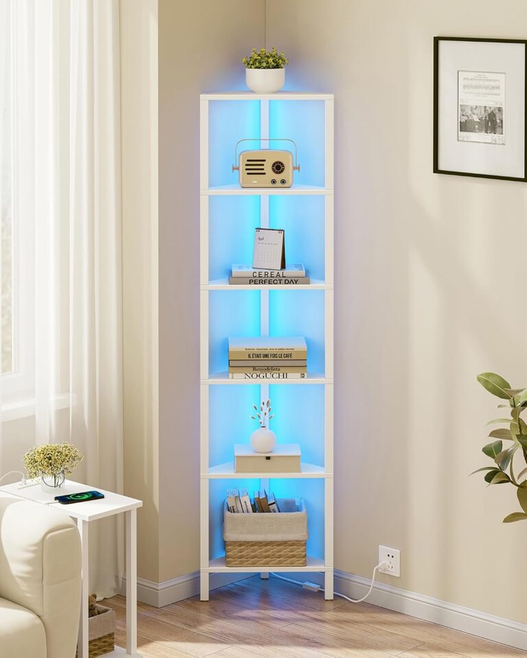TUTOTAK 6-Tier Corner Bookshelf with LED Light, Corner Shelf | for Small Space, Narrow Display Corner Shelf Stand with Storage Rack, for Living Room, Bedroom, Pure White V1BS05BW006L