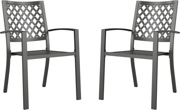 PHI VILLA Metal Outdoor Dining Chairs Set of 2 | Stackable Black Patio Chairs, 300lb Capacity (Diamond)