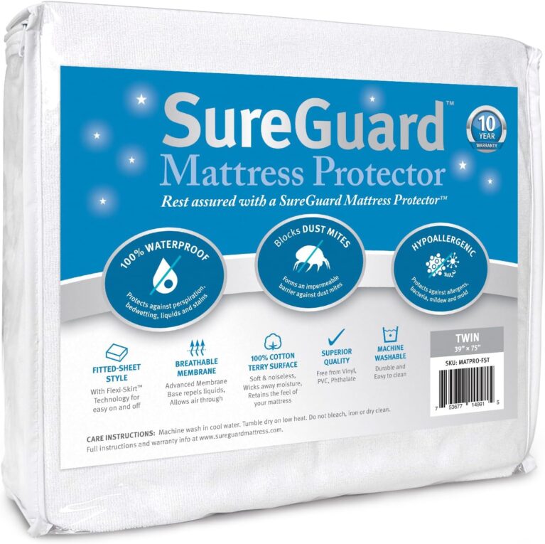 SureGuard Waterproof Mattress Protector, Twin Size Mattress Cover | Soft Noiseless Breathable Hypoallergenic Washable Mattress Pad, Stretchable Pockets fit Bed 6-18" Deep (Cotton Terry)