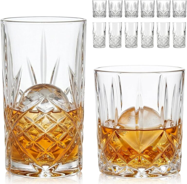 Moretoes Crystal Whisky Drinking Glasses Set of 12, Glass Cups | Mixed Glassware Set, 12 Oz Highball Glasses & 11 Oz Old Fashioned Glasses, Great for Cocktail and Other Beverages