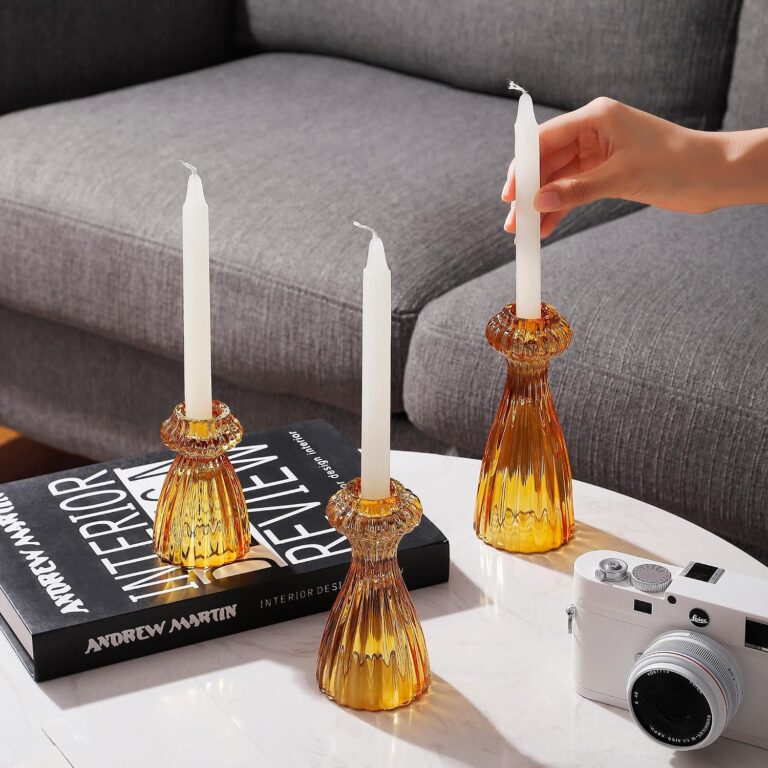 Lysenn Glass Candlestick Holders, Taper Candle Holders Set of 3, Amber | Elegant Design, Elevate Wedding Centerpieces and Home Decor, Great for Dining Tables, Mantels, Romantic Dinners, Ideal Gift