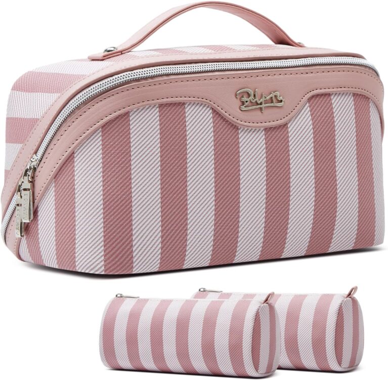 BOYATU Travel Makeup Bag for Women: 3 Pcs Set Striped Make up Bag,Pink | Vegan Leather Cosmetic Bags with Compartments - Waterproof Large Capacity Toiletry Bags - 180° Open-Flat Makeup Organizer