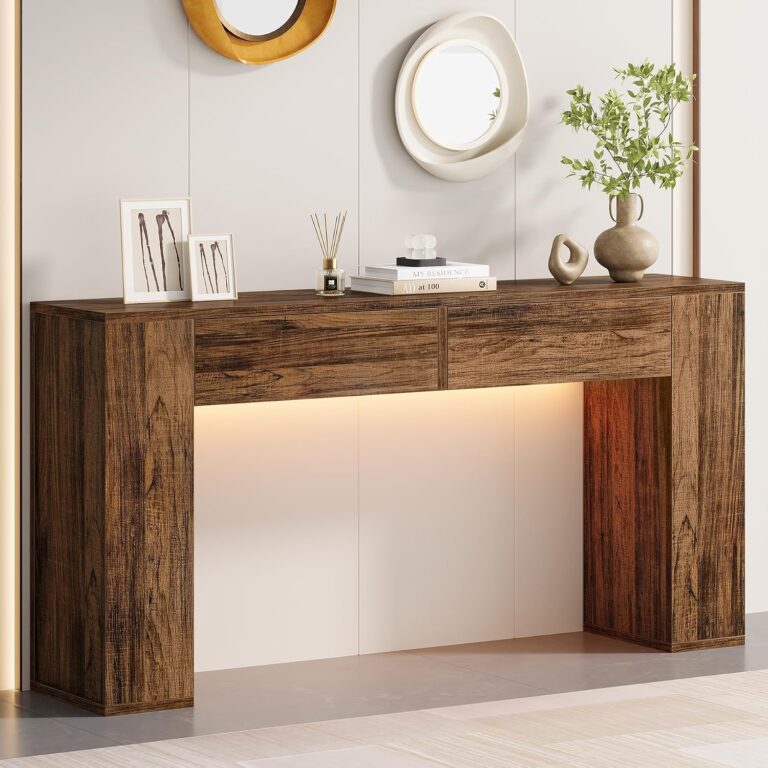 Farmhouse Console Table with LED Light and 2 Drawers, Rustic Brown | 55 inch Long Sofa Table Behind Couch, Narrow Entry Table for Entryway, Hallway, Entrance, Living Room