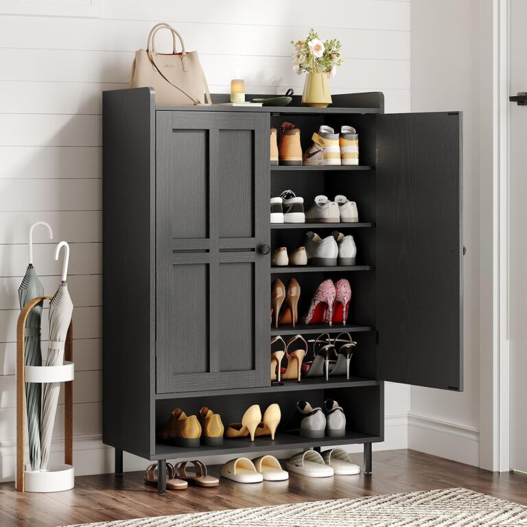 Shoe Cabinet with Cross Molding Doors, 6-Tier Shoe Storage(Black) | 18-24 Pairs Shoe Storage Cabinet with 3 Adjustable Shelves & Metal Legs, 45 Inch Tall Shoe Organizer for Entryway, Front Door